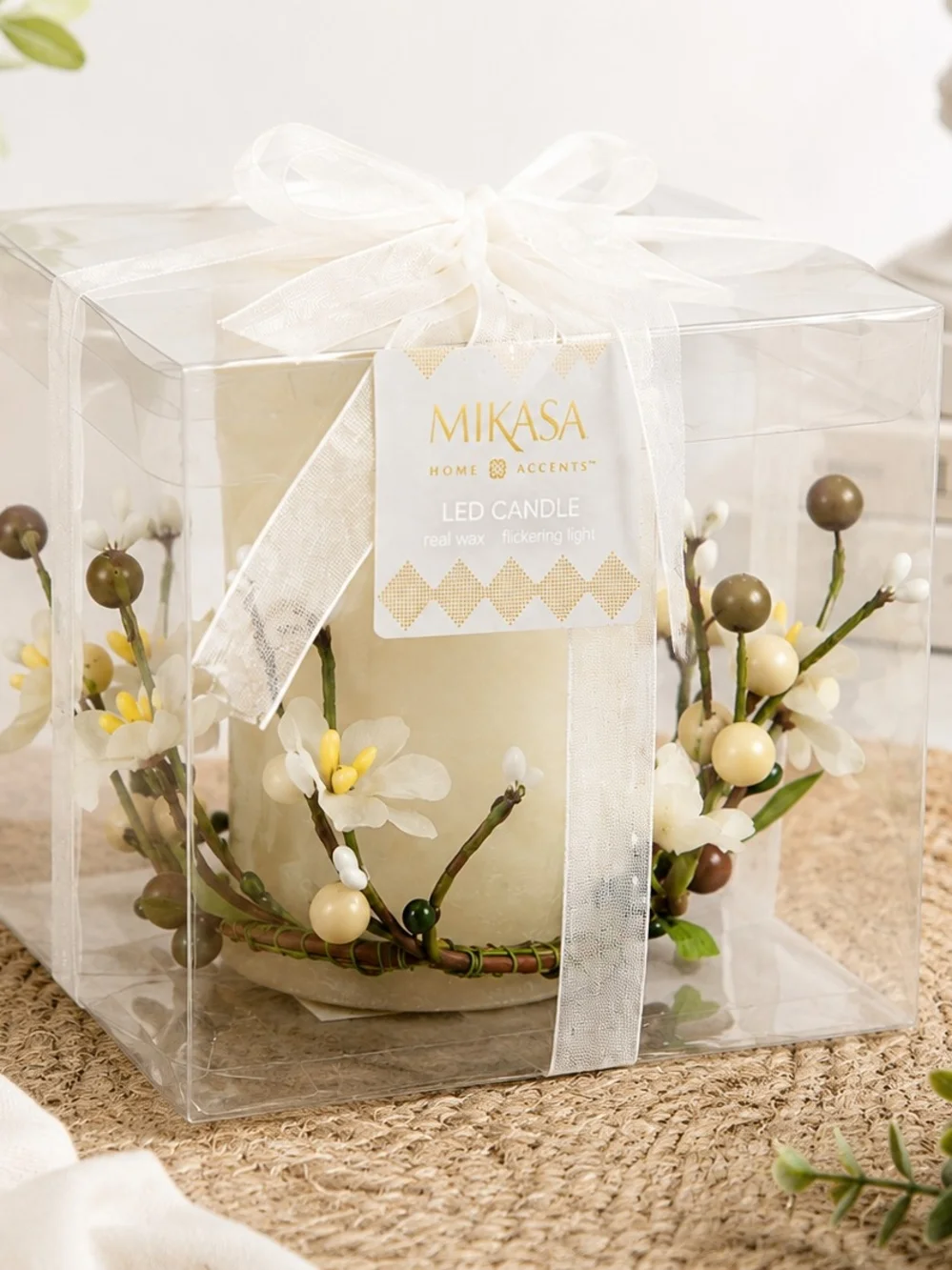 Mikasa Cream LED Pillar Candle with Yellow & Green Floral Berry Wreath